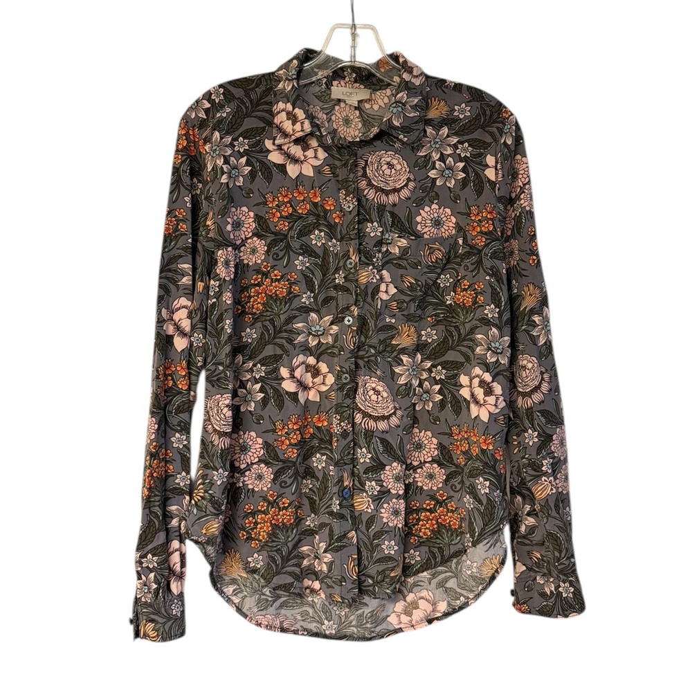 LOFT Floral Button-Down Shirt in Gray with Pink and Orange Accents
